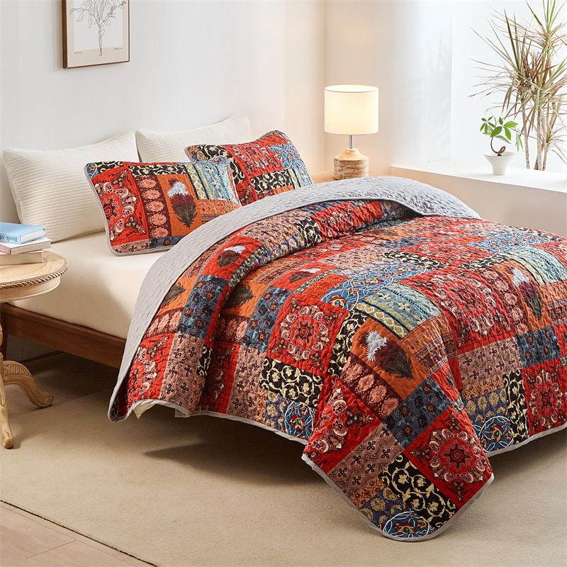 Zestaw narzut na łóżko w kwiaty w stylu boho – 3-częściowa, dwustronna poszewka na kołdrę (certyfikat OEKO-TEX®, nadruk cyfrowy) do sypialni w stylu boho i nowoczesnym stylu rustykalnym_voghion.com