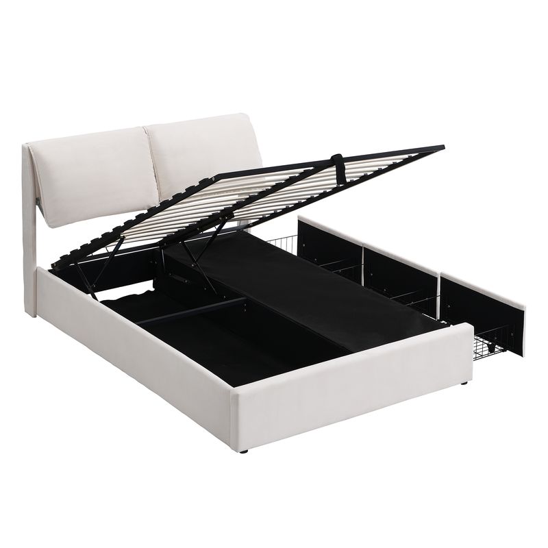 Lit coffre hydraulique 140 x 200 cm, 3 tiroirs, cadre de lit capitonné en velours beige avec sommier à lattes et tête de lit, matelas non inclus._voghion.com
