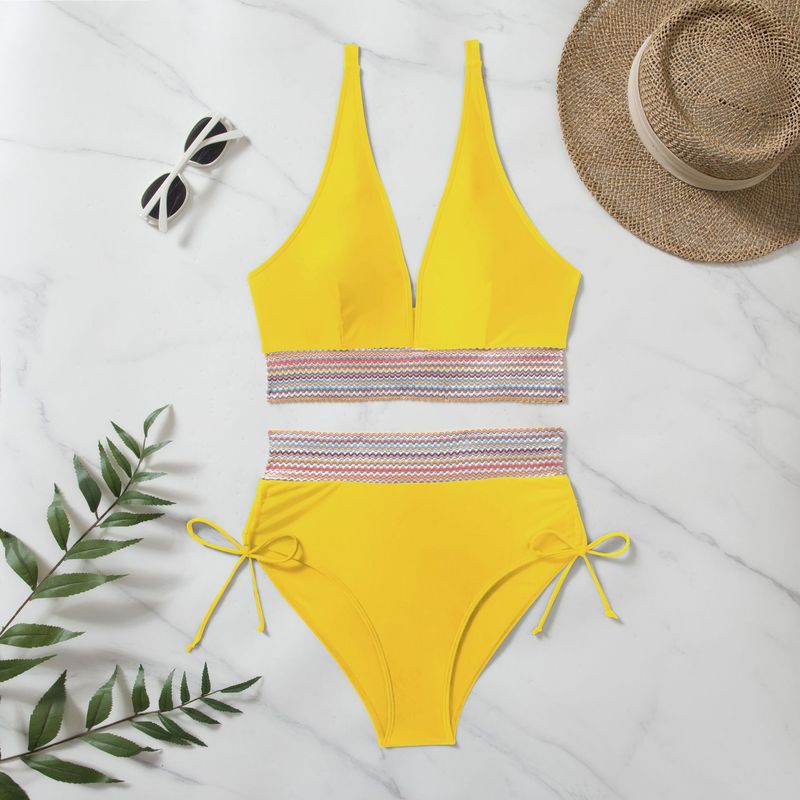 Women's Bikini High-waisted Split Color Matching Set Tether Pull Up Swimsuit_voghion.com