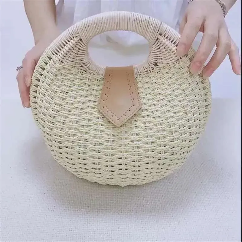 Borse in rattan: borsa rotonda con manico superiore in tessuto naturale intrecciato - borsa da spiaggia estiva bohémien, pochette alla moda_voghion.com