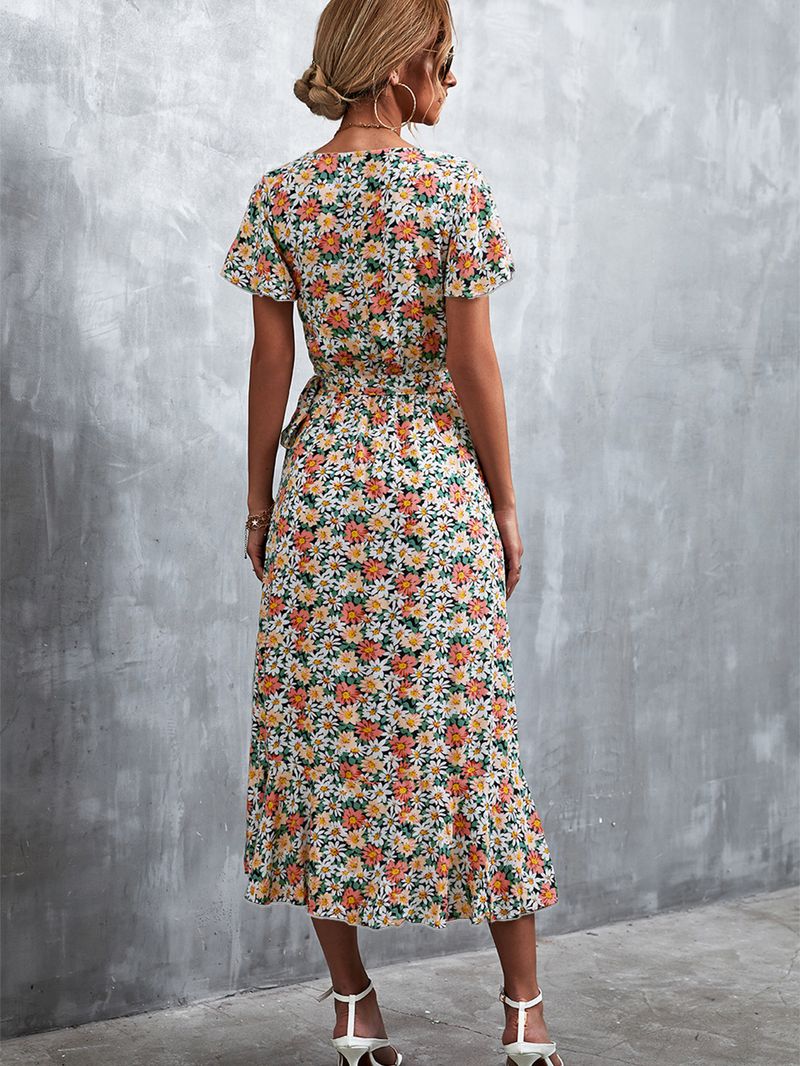 Frühling/Sommer 2022 Neues böhmisches, gekreuztes, geblümtes Kleid mit V-Ausschnitt und Schnürung_voghion.com