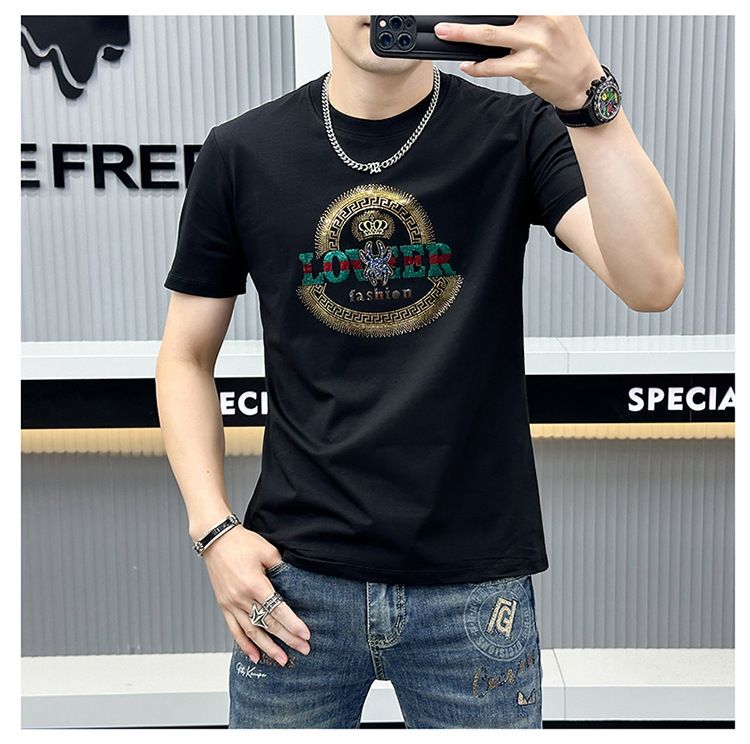 2024 T-shirt girocollo di lusso per uomo di alta qualità con lettere a caldo e stampa a diamante, traspirante, vestibilità aderente, marchio di moda corto_voghion.com