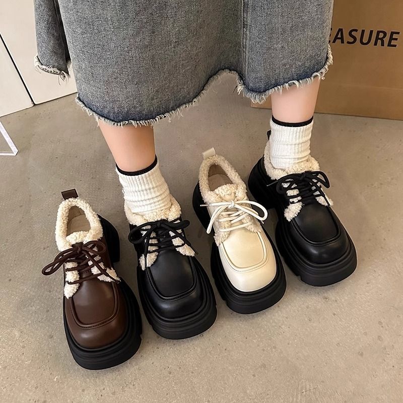 Gepolsterte Halbschuhe Warme Damenschuhe Dicke Sohle Krawatte Schwarze Einzelschuhe Pelz Kleine Lederschuhe_voghion.com