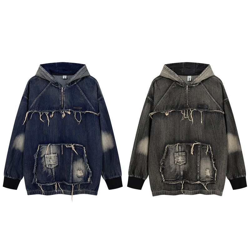 Men's Clothing New High Street Trendy Brand Denim Hoodie Wasteland Style Washed Splicing Hooded Sweatshirt_voghion.com