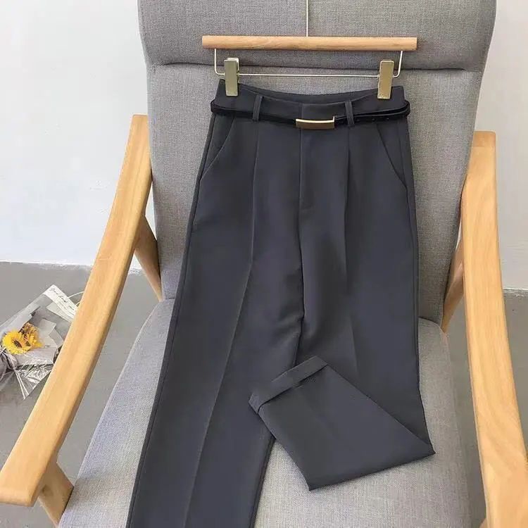 Venta caliente elegante verano casual pantalones mujeres moda color sólido fajas delgados pantalones rectos elegante negocios mujer retro cinturón_voghion.com