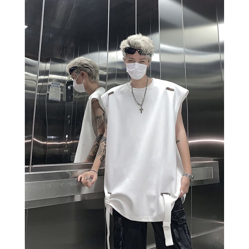 High Street Sleeveless T-shirt With Small Neckline Design, Camisole, Men's Trendy Summer American Short Sleeved Shirt_voghion.com