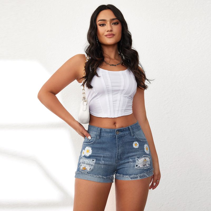 Vêtements pour femmes, imprimé à pompons déchirés, short en jean pour femmes, coupe slim, bords bruts, short en coton_voghion.com