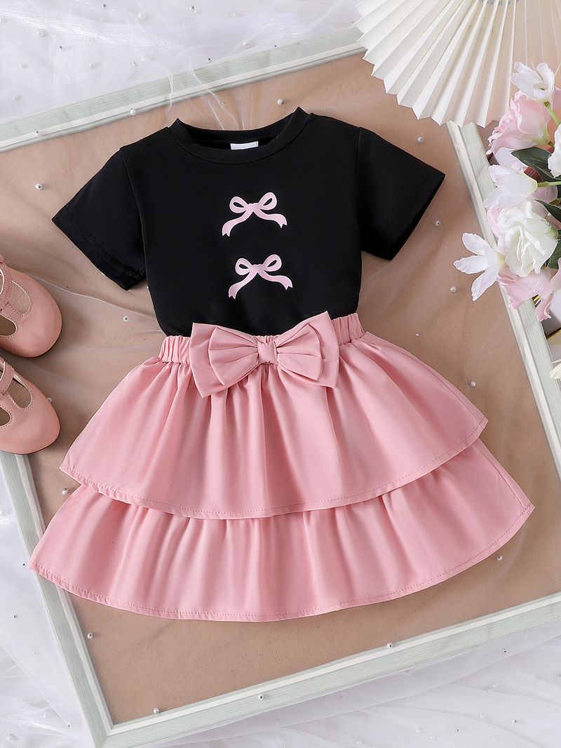 Kid's Clothing Summer Girl Suit Bow Print Short Sleeve Pink Puffy Skirt New Two Piece Suit_voghion.com