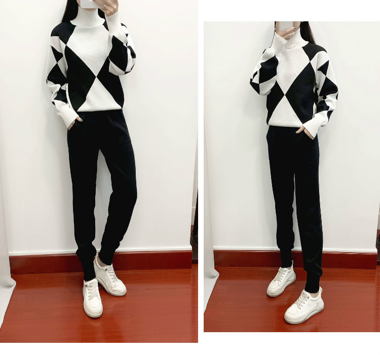 Γυναικείο φθινοπωρινό και χειμερινό νέο casual πλεκτό καρό πουλόβερ κοστούμι δύο τεμαχίων_voghion.com