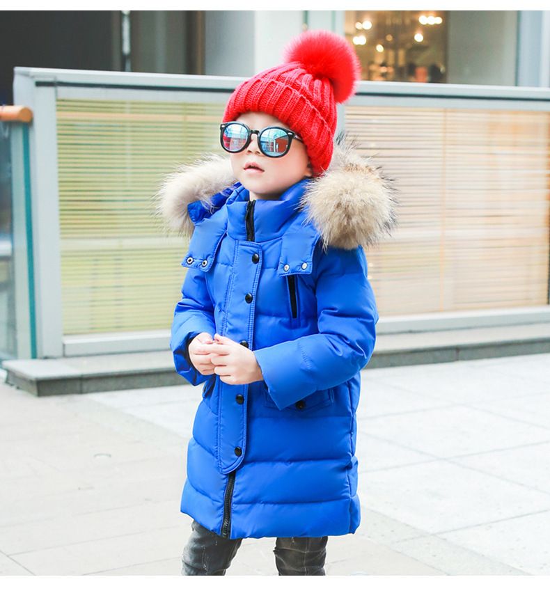 Lange gewatteerde jas voor kinderen met vossenbont – 80% witte eendendons (100-170 cm, vlamvertragend, unisex winterjas, B-klasse veiligheid)_voghion.com
