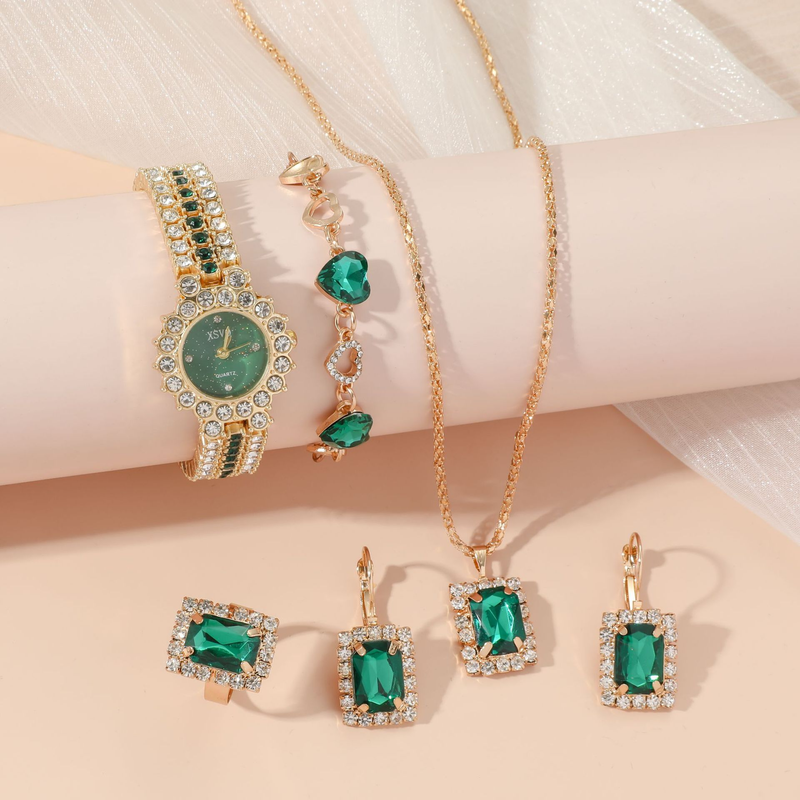 Klein Groen Horloge Dames Stalen Quartz Horloge + Ring Set Geschenkdoos 5st/set_voghion.com