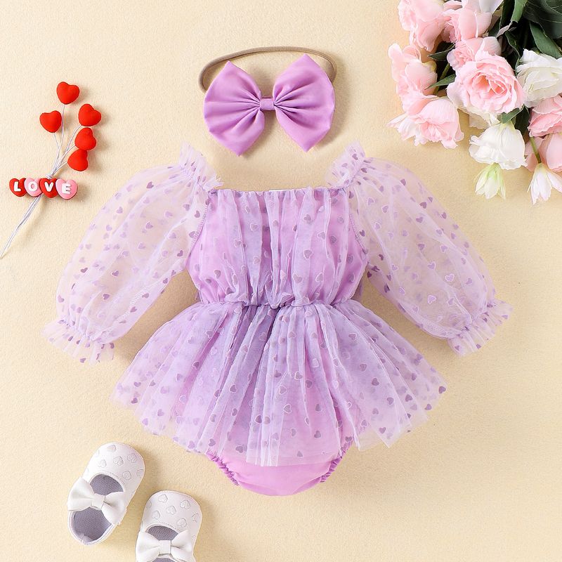 Baoshi Clothing Spring and Autumn New Newborn Children's Love Mesh Harper with Headwear Set_voghion.com