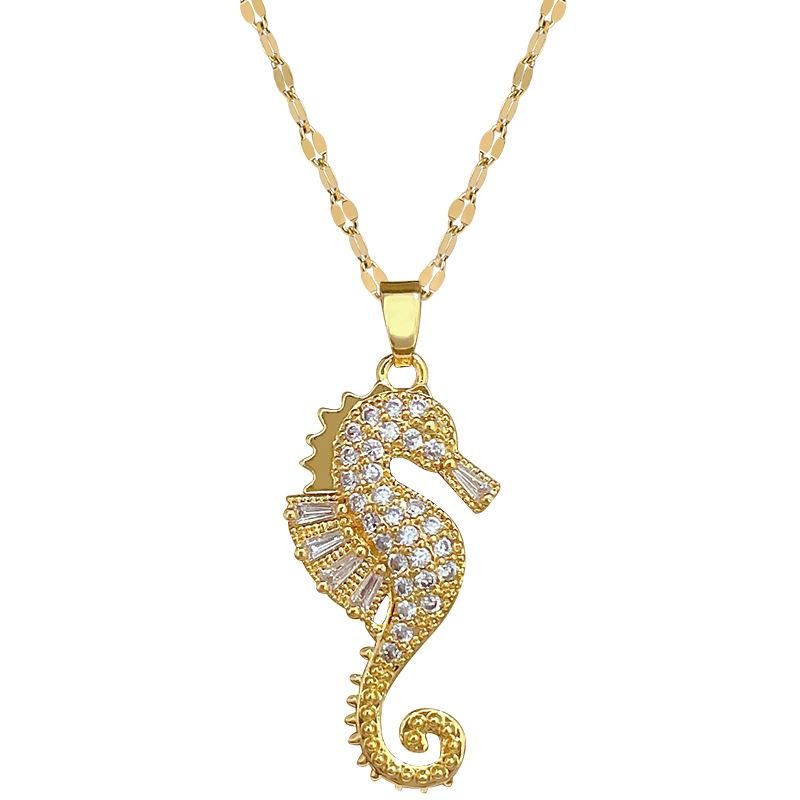 Roestvrijstalen ketting Klassieke glanzende zirkoon schattige zeepaard hanger ketting voor vrouwen Sieraden accessoires Geschenken voor dagelijks feest_voghion.com