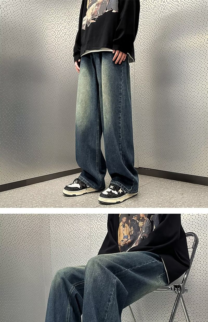 Verwaschene gerade Jeans für Herren im Frühling und Herbst im amerikanischen Stil mit lockerem weitem Bein, übergroße, lässige, trendige Sommerhose_voghion.com