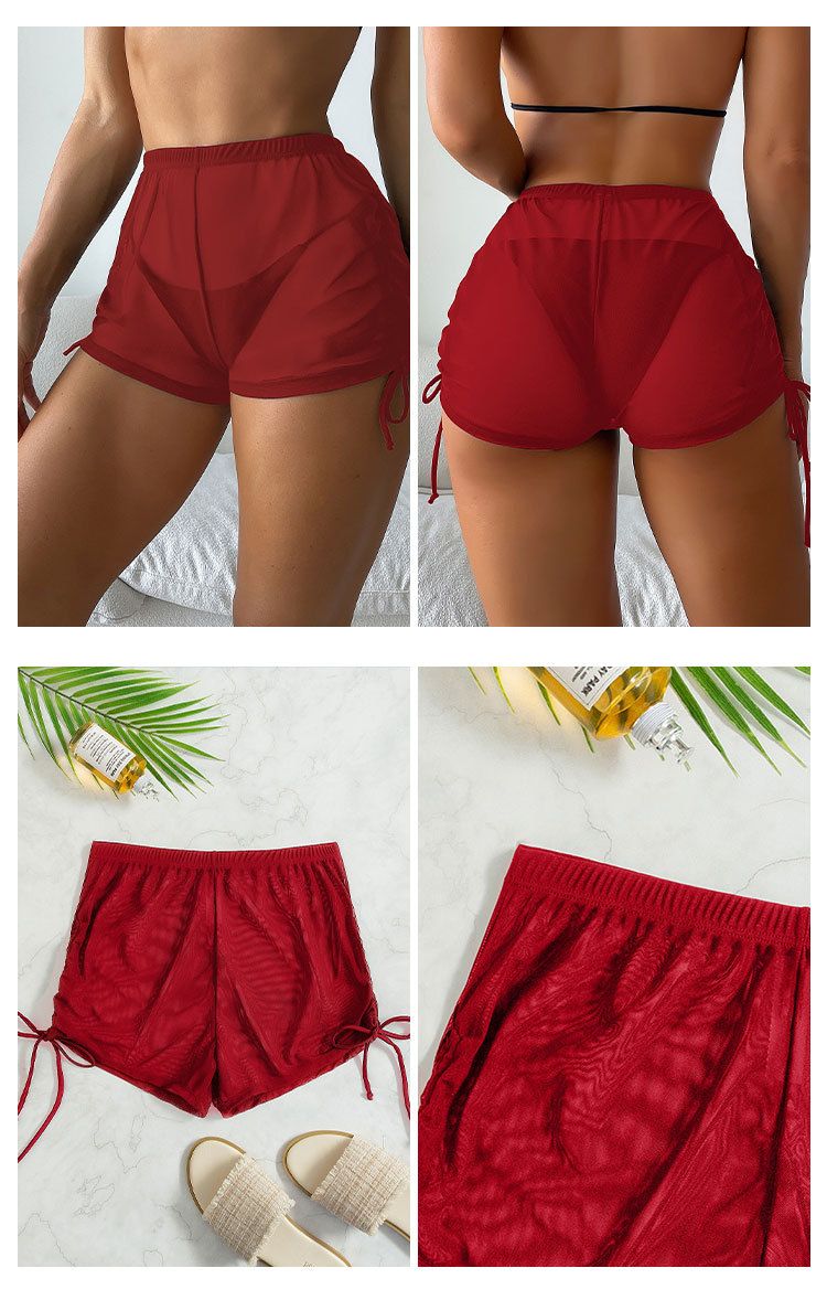 New European And American Sexy Solid Color Swimsuit Women's Four Corner Transparent Mesh Drawstring Beach Swimming Trunks Bikini Shorts_voghion.com