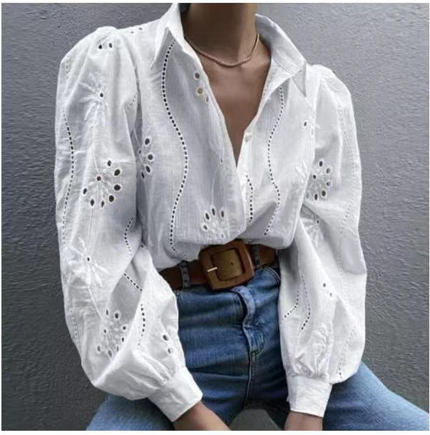 Dameklær blonderbroderi V-hals perleknapp løs langermet skjorte for kvinner høst søt design temperament slank topp_voghion.com