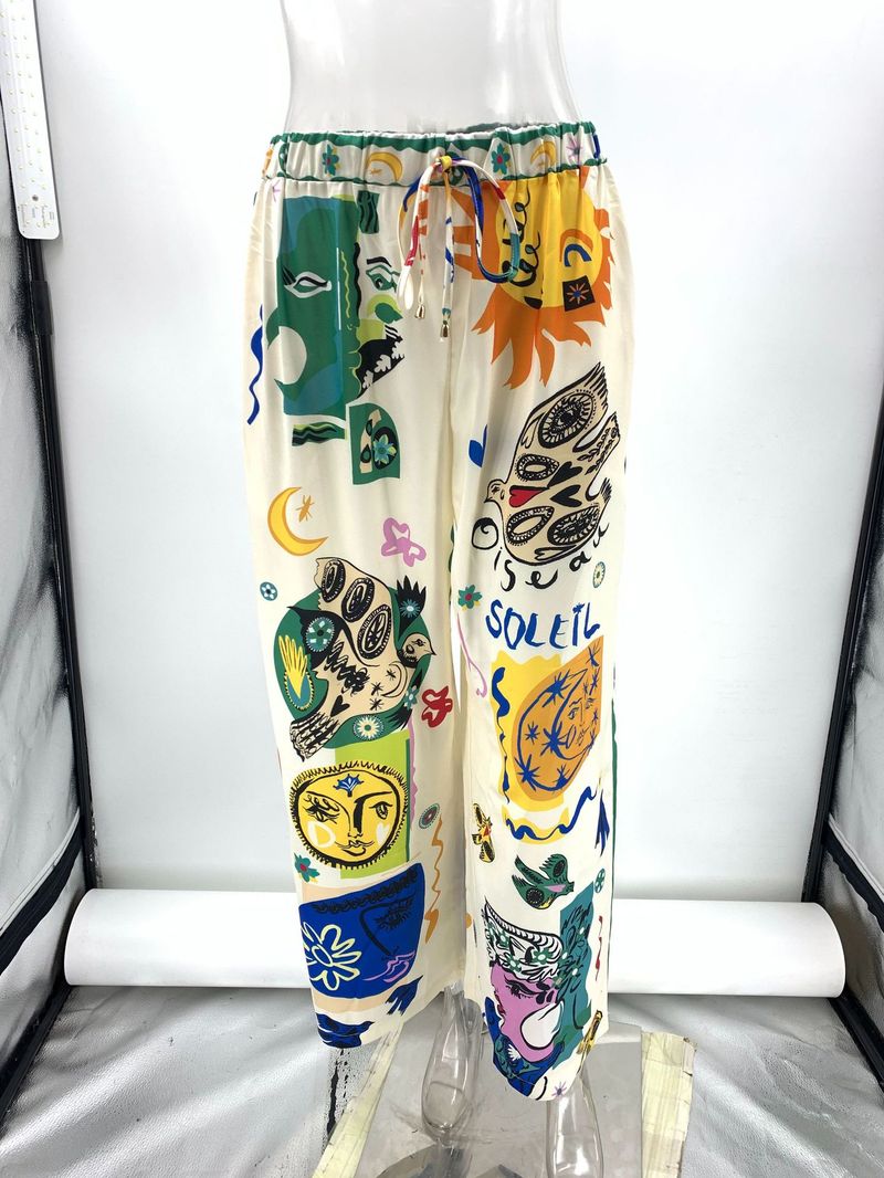 Damer 2024 Sommar Fritidskläder Damer Satin Stretch Frukttryck Graffiti Byxor med vida ben Fritidsbyxor_voghion.com