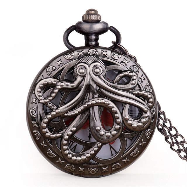 Antike Octopus Hollow Half Hunter Quarz Steampunk Schwarze Taschenuhr mit Halskette und Kette, Geschenk für Kinder_voghion.com