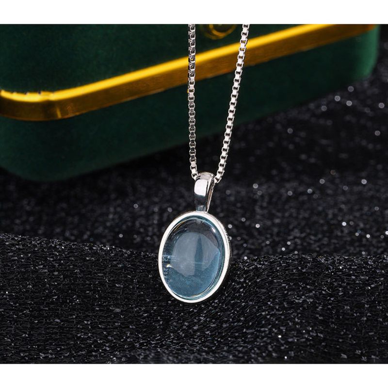 Collana da donna con ciondolo in acquamarina in argento puro S999 - Elegante design ovale, versatile catena per clavicola, stile di nicchia di alta gamma_voghion.com