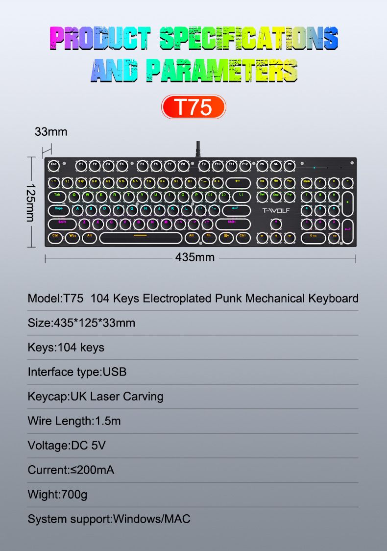 YT75 Mechanical Keyboard Gaming Metal Panel Punk Round Keyboard Russian Korean_voghion.com