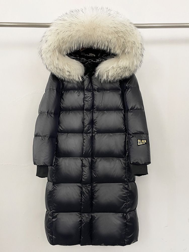 Luxus-Daunenmantel mit Fuchs-/Waschbärpelzkragen – Lange Winterjacke für Damen (Schwarz/Burgund/Creme, S-3XL)_voghion.com