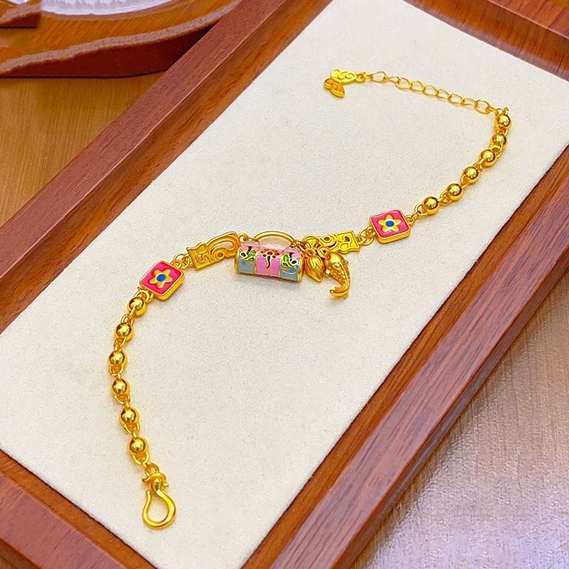 Gold shop same style sand gold burning blue enamel flower lock package koi round bead bracelet new Chinese style bracelet for girlfriend gift_voghion.com