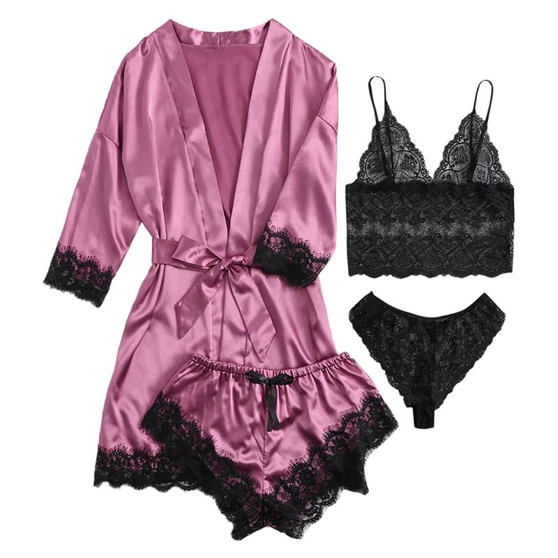 Women's Silk-Like Sleepwear Set – 4-Piece Loungewear Robe & Camisole (S-XXL) – Elegant Home & Outdoor Wear_voghion.com