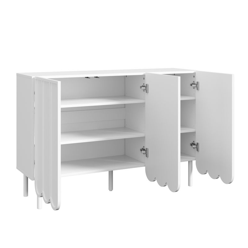 Buffet blanc moderne avec portes ondulées, 120 x 35 x 80 cm, design sans poignées, étagères réglables, meuble de rangement pour salon, couloir et salle à manger._voghion.com