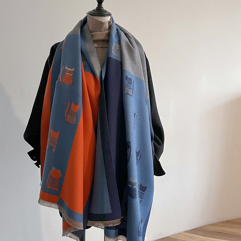 Sciarpa di cashmere con gattino dei cartoni animati, versione coreana, autunno e inverno, spessa e calda, da donna_voghion.com
