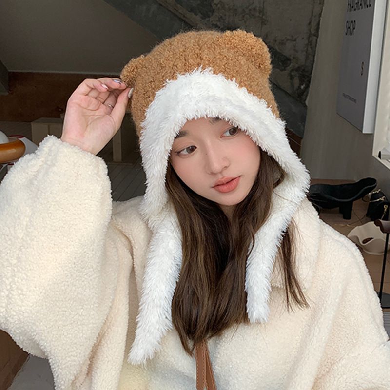 Cute Little Bear Children's Winter Thickened and Warm Ear Protection Plush Lace up Big Headband Knitted Woolen Hat_voghion.com