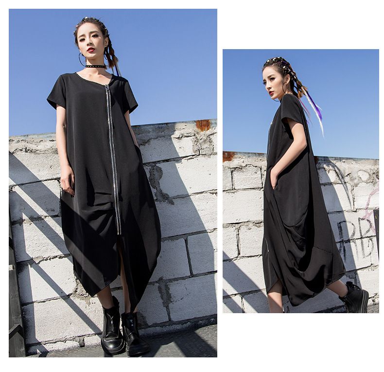 2025 Sommer neuer Reißverschluss Kurzarm dunkel personalisierte große unregelmäßige lange Kleid BF-Stil Damenmode_voghion.com
