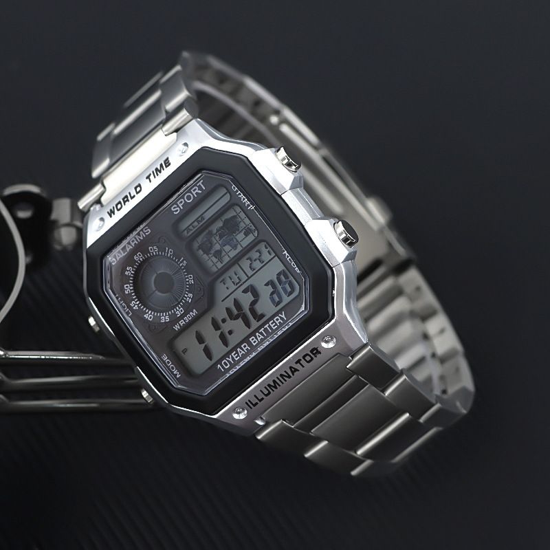 Orologio elettronico luminoso alla moda quadrato piccolo impermeabile da uomo con cinturino in acciaio per sport all'aria aperta_voghion.com