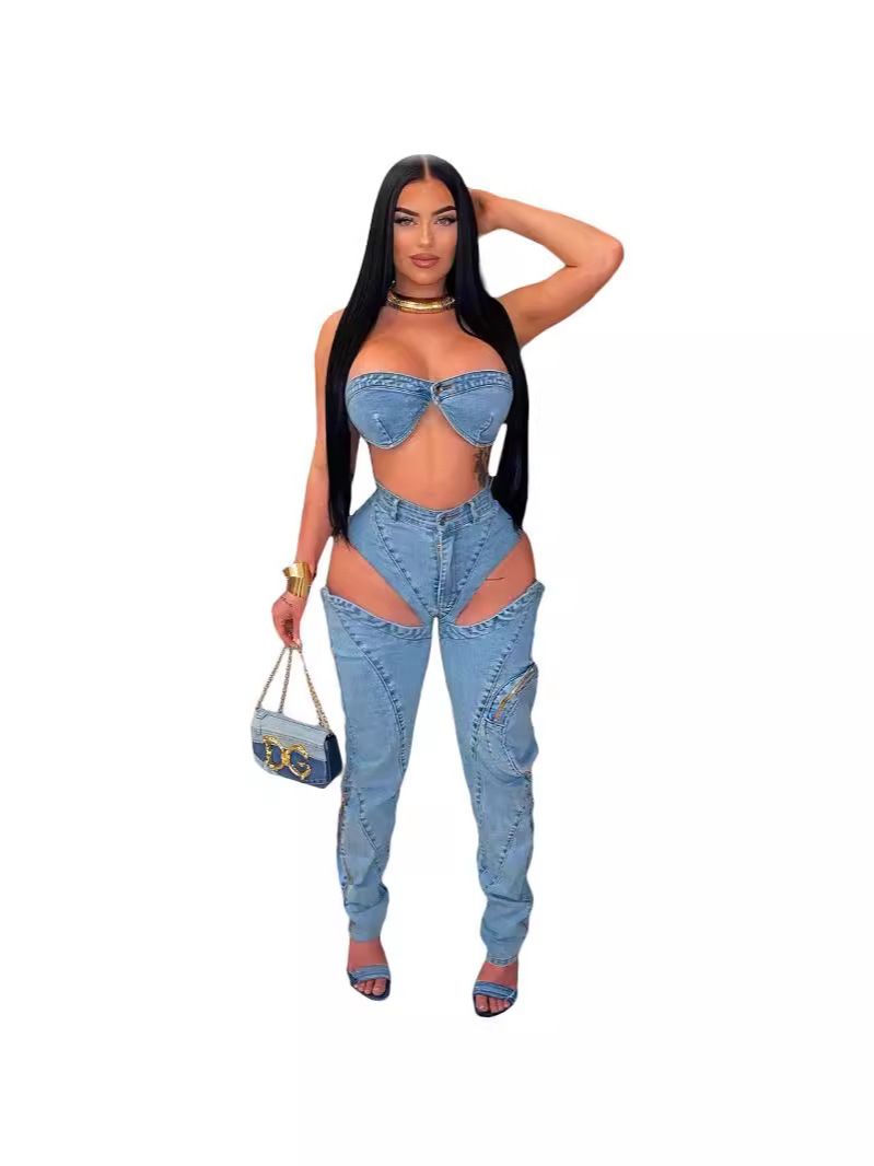 Dammekleeder Sexy Broschtwéckel Récklos Top Perséinlechkeet Héich Taille Split Reißverschluss Jeans Zwee-Stéck Set_voghion.com
