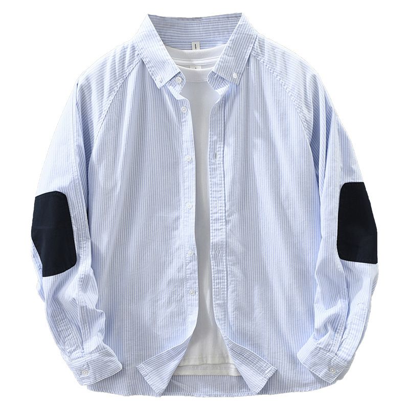 Fresh Striped Color Blocked Long Sleeved Shirt For Men, Versatile And Artistic Casual Loose Top_voghion.com