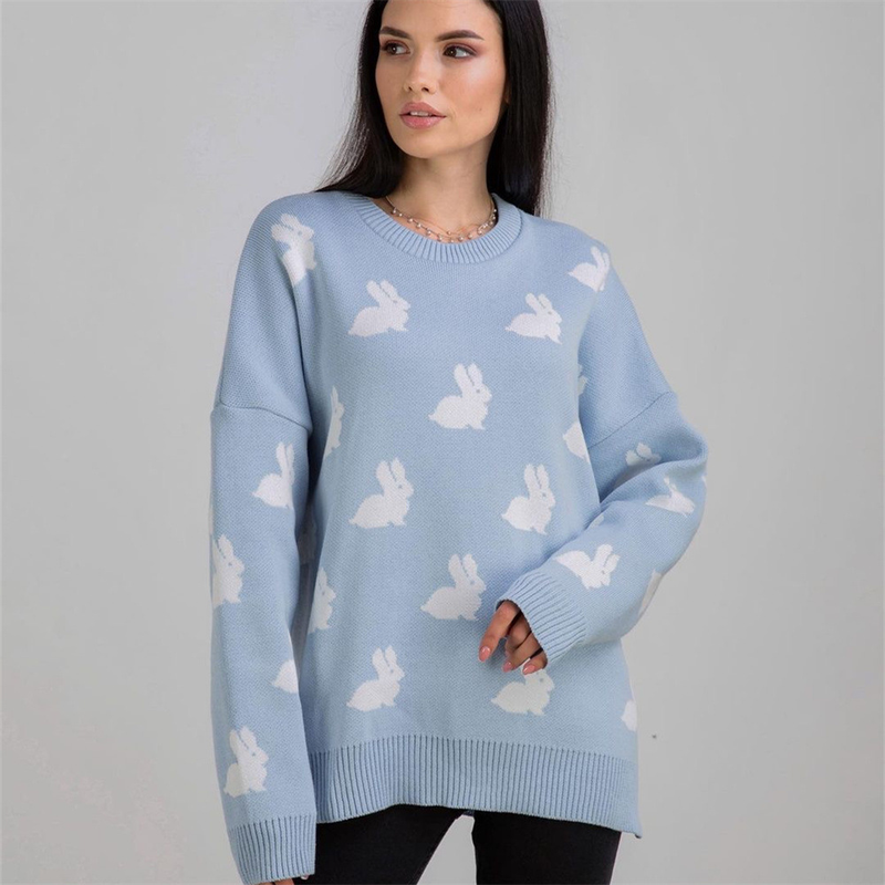 Suéter de cuello redondo con jacquard y cabeza de perro para mujer, nuevo estilo de otoño e invierno, estilo perezoso, suéter holgado, chaqueta_voghion.com