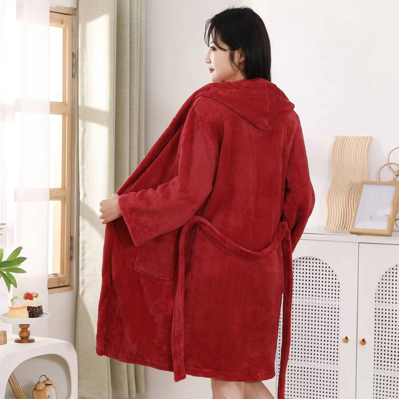 Home Textile Solid Color Large Size Soft Touch Hooded Nightgown Ladies Short Home Clothes Hotel Bathrobe Bathrobe_voghion.com