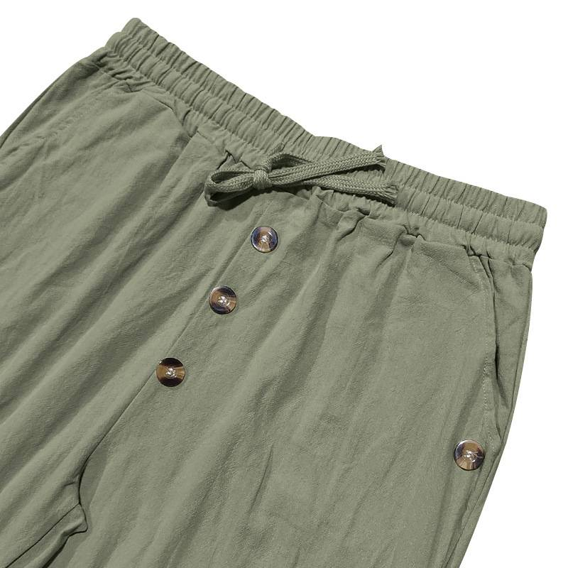Pantaloni casual da spiaggia da uomo nuovi, in lino, tinta unita, con coulisse e bottoni_voghion.com