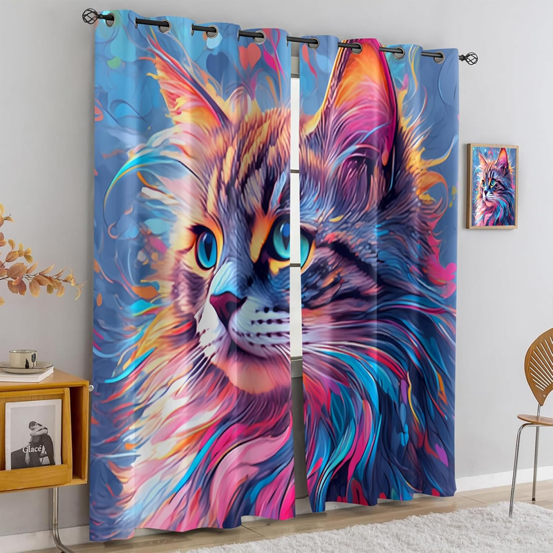 Colorful Cat Blackout Curtains Abstract Art Cat Portrait Patterned Curtains Thermal Insulated Blackout Curtains For Banquet Hall Theater Bedroom_voghion.com