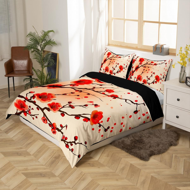 Copripiumino con fiori di ciliegio rossi, copripiumino in stile giapponese per lettino per bambini, set da letto con motivo floreale da giardino, set da letto in stile fattoria per la camera da letto._voghion.com
