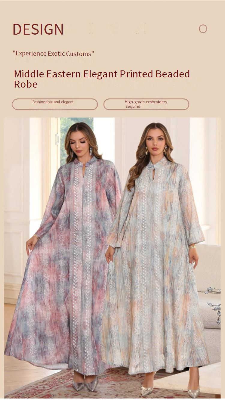 Elegant Embellished Abaya Dress – Chic Muslim Gown With Floral Print & Sequin Details (M-XXL, Champagne/Pink)_voghion.com