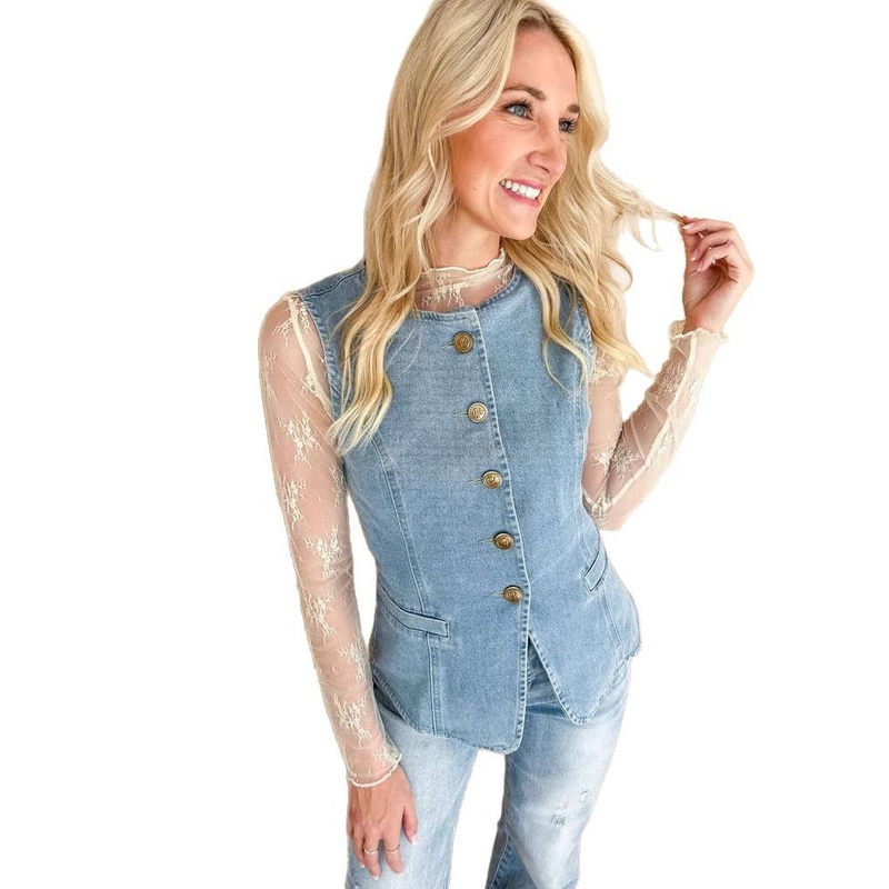 Gilet en jean classique pour femme – Veste légère sans manches pour superposer printemps-été_voghion.com