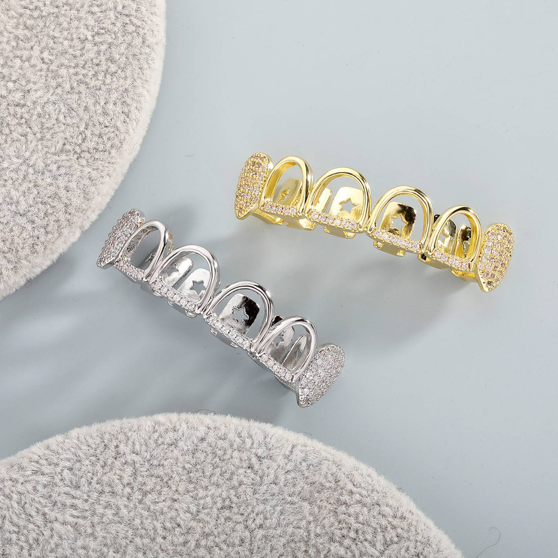 Grillz Hip Hop in oro per feste in maschera di Halloween - Design traforato con denti a zanna in zirconia micro intarsiati - Stile unisex - Taglie superiori/inferiori/set completo_voghion.com