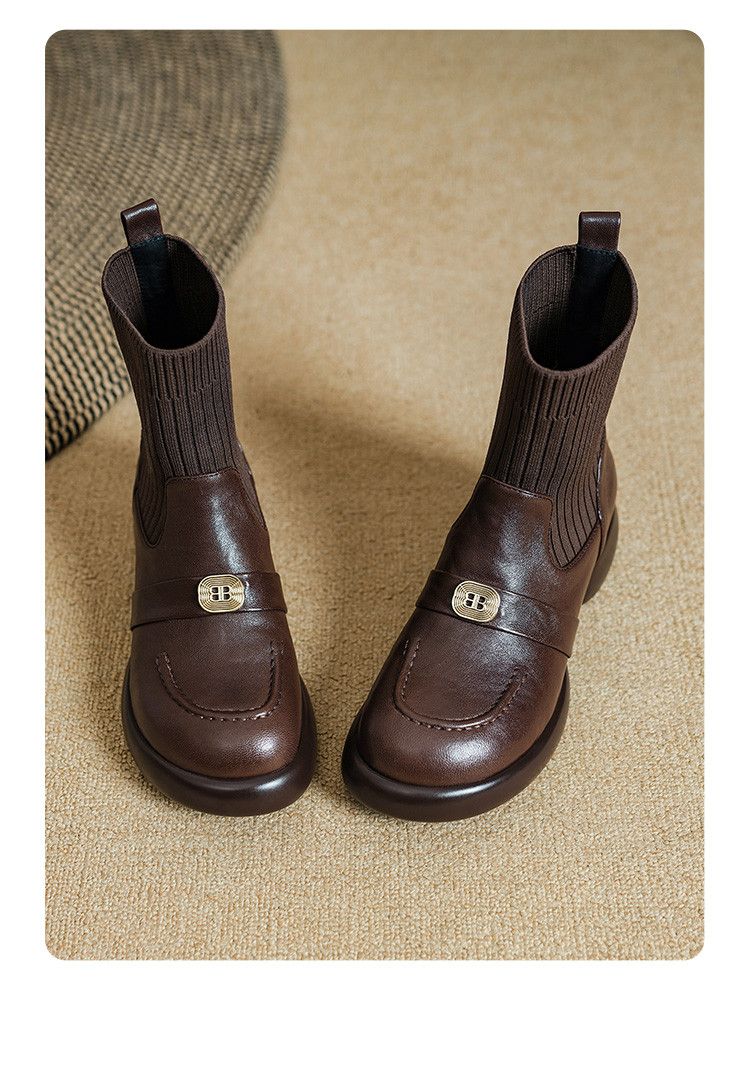 Cameido Women's Leather Short Boots With Elastic Knit Shaft Chunky Heel British Style Autumn Winter_voghion.com