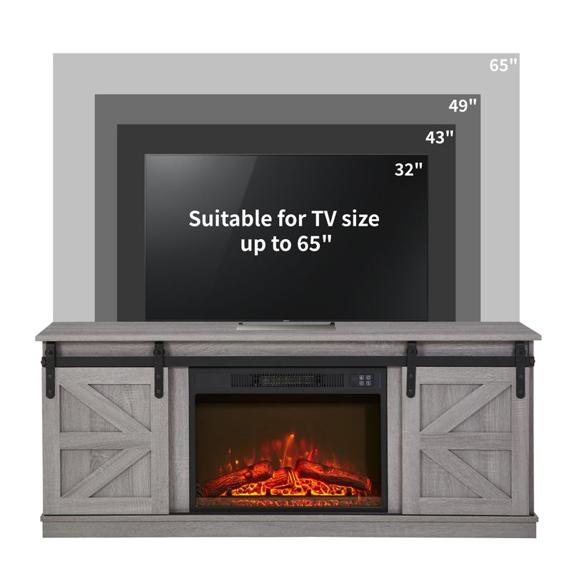 Fireplace TV Stand For Television Up To 65 Inch With Storage And Farmhouse Sliding Barn Doors, Entertainment Center With Cabinet And Shelves,Grey_voghion.com