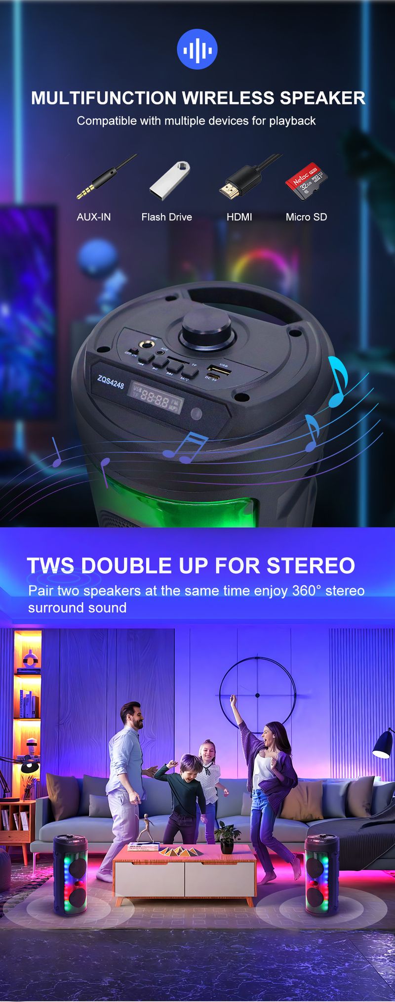 ZQS4248 Dvostruki 4-inčni punjivi stereo vanjski Bluetooth zvučnik s efektom plamena i magičnim svjetlom_voghion.com