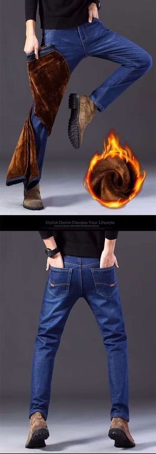Jean slim pour homme tissé, doublé polaire, coupe ample, doublure polaire, pantalon long chaud et décontracté, idéal pour l'automne et l'hiver (vente en gros). Article très demandé._voghion.com