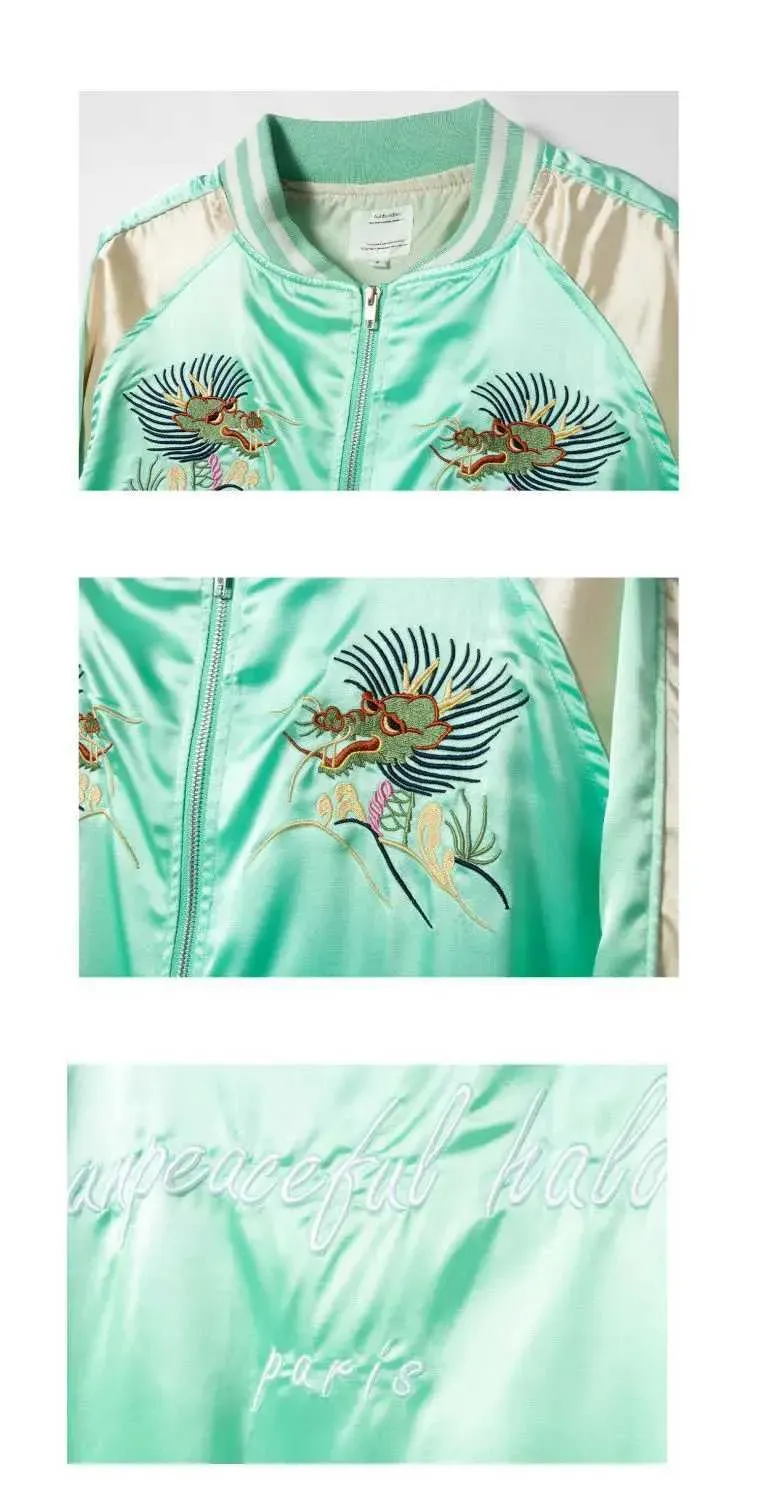 Japanese Varsity Jacket, Embroidered Style: Men's Satin Bomber With Dragon Design, Haruku Inspired, Double Zipper,_voghion.com