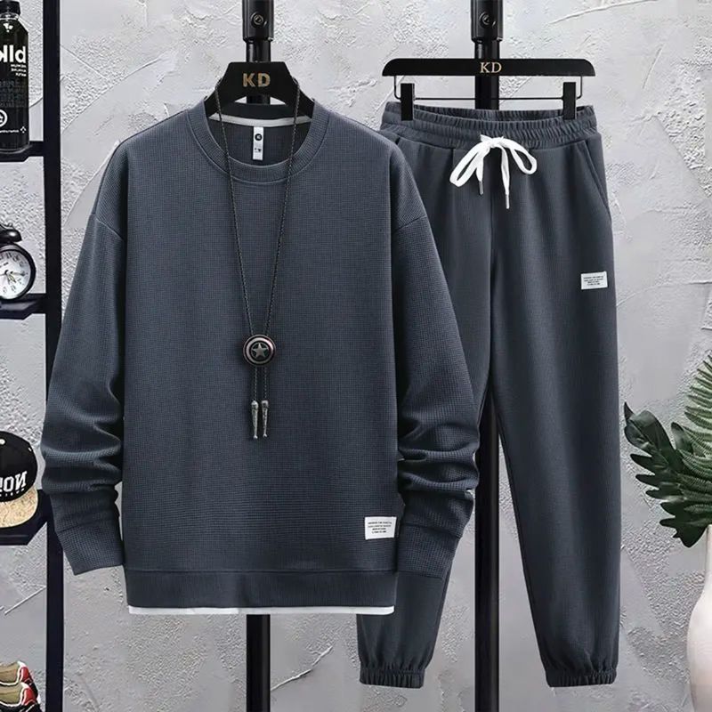 Conjunto deportivo de punto gofrado para hombre: dos piezas transpirables para estar en casa y para la calle (M-5XL, 95 % poliéster, antibolitas, estilo "Run to Campus Core")_voghion.com