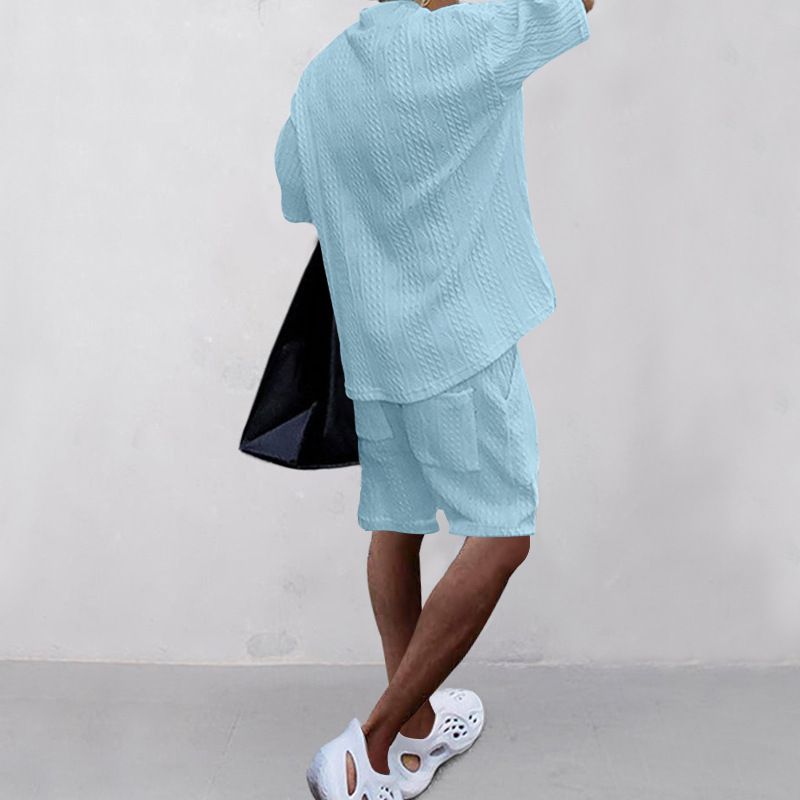 Moška oblačila za prosti čas, ohlapni tričetrtinski rokavi, žakard pleten pulover, zgornji del, kratke hlače, moška obleka_voghion.com