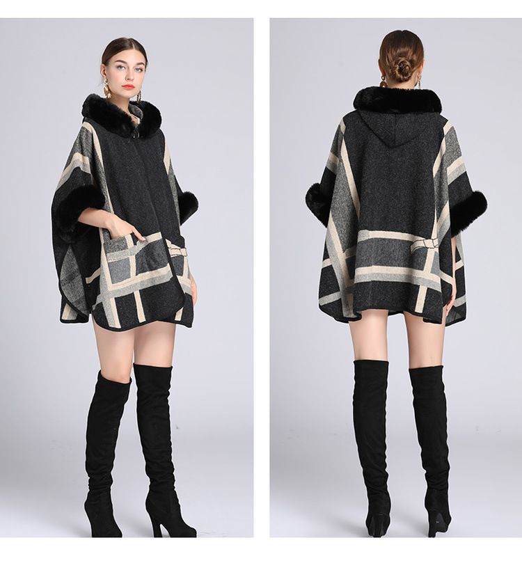 Wollkragen Kapuzenumhang Dame Jacquard Wollmantel Strickjacke Dame_voghion.com